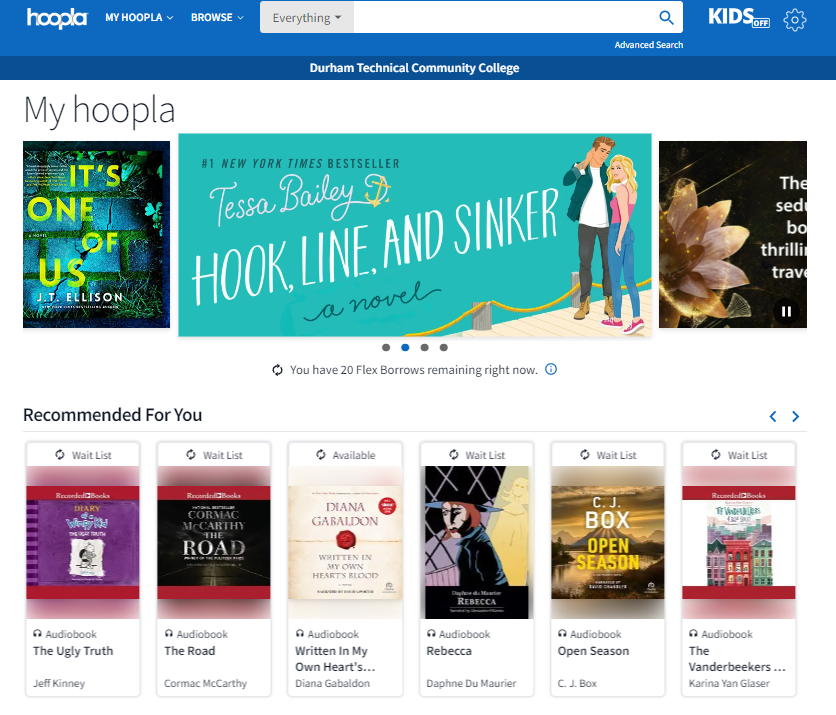 Hoopla landing page for Durham Tech Community College