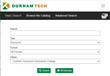 Durham Tech Evergreen Library Catalog search page