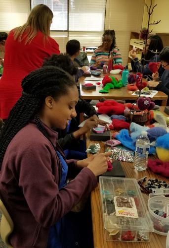 Students felting at Durham Tech Library Crafternoon, 2019