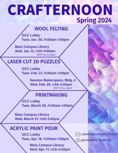 Spring 2024 Crafternoons: Wool Felting, Laser Cut 3D Puzzles, Printmaking, and Acrylic Paint Pouring