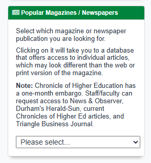 Screenshot of the publication drop-down menu available on the library FAQ page