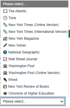 Screenshot of the publication drop-down menu available on the library FAQ page, showcasing the options of NYT, The Atlantic, and others