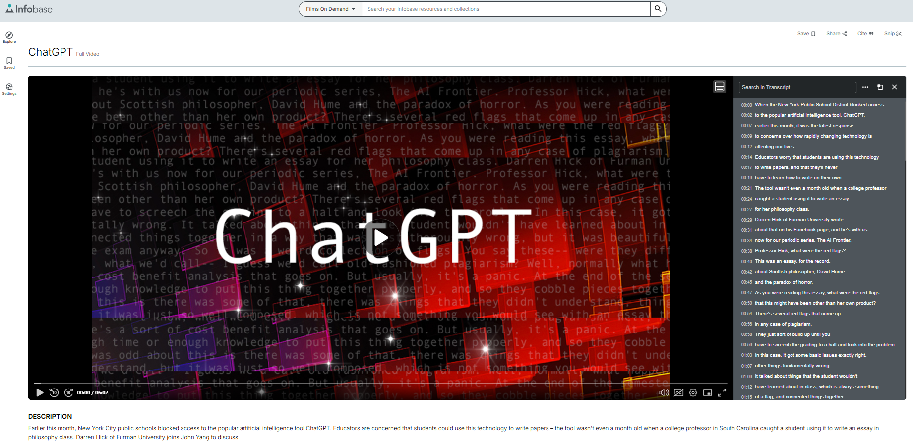 Screenshot of a video titled "ChatGPT" in Films on Demand. The video is visible on the left while a text transcript for the video is on the right. Above the video are options for saving, sharing, citing, or clipping the video.