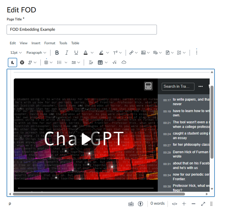 A screenshot of a drafted Canvas module, with the aforementioned ChatGPT Films on Demand video embedded in a post. The canvas page title is called "FOD (Films on Demand) Embedding Example"