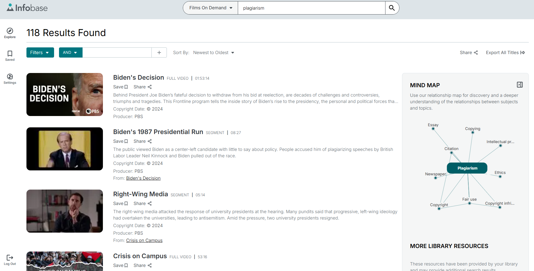 Screenshot of search results from the database Films on Demand. Results for videos containing the word plagiarism as a subject are on the left while a Mind Map graphic is on the right for the topic.