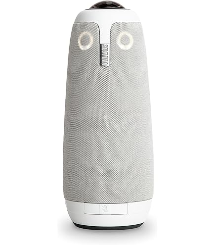 The Meeting Owl 3, a tall white 360-degree conference camera with an owl-like face.