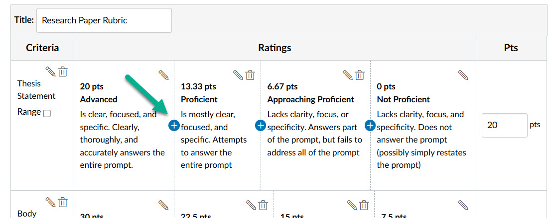Image showing a rubric with columns and rows. An arrow is pointing to the add button.