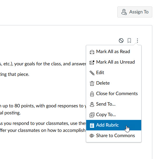 Image showing an editing view with "Add Rubric" highlighted