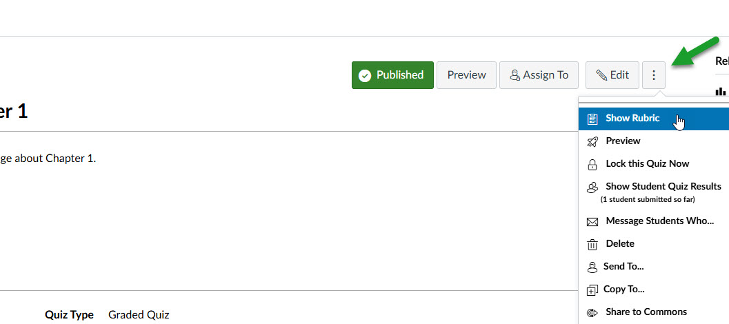 Image showing an editing view with an arrow pointing to a button with three dots and "Show Rubric" highlighted
