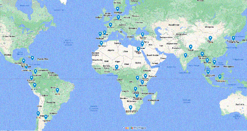 World map with pins indicating where F-1 students home countries listed under the image