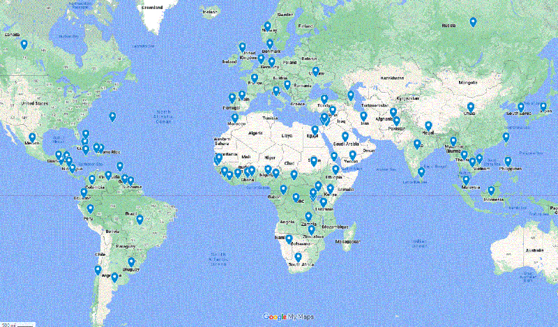 world map with blue tags marking each country which are listed below image
