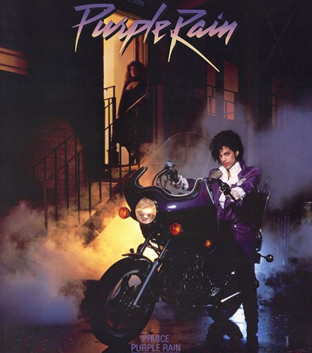 Purple Rain title with Prince sitting on a motorcycle