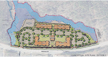 proposed site plan for affordable housing initiative showing 4 apartment buildings, community center, and playground