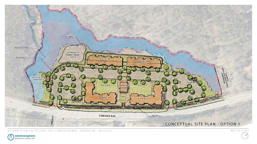 Conceptual site plan with 4 buildings and a community center and playground in the middle