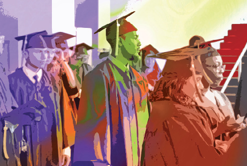 artistically rendered, colorful image of a graduate in their regalia