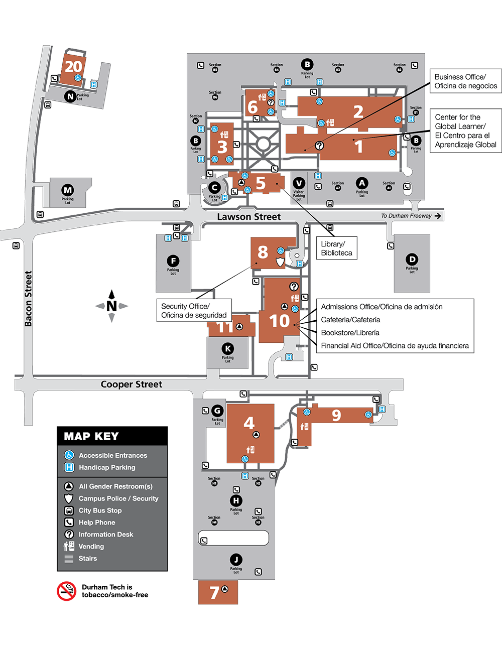 Durham Tech Main Campus Map. Department locations by building are listed on the webpage below the image