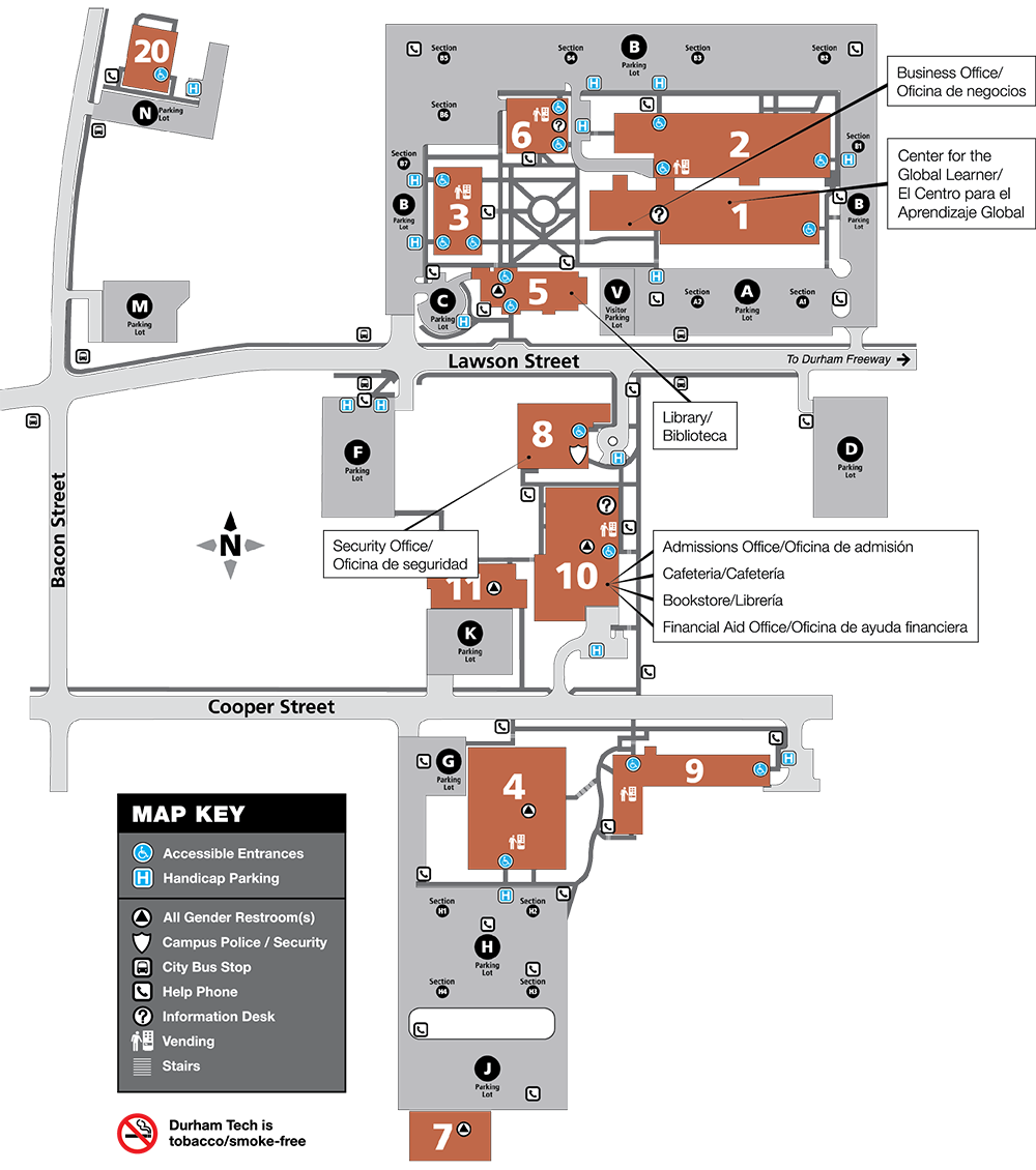 Durham Tech Main Campus Map. Department locations by building are listed on the webpage below the image