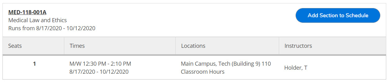 Image displays a table with 4 columns - seats, times, location, instructor. There are two rows which show different meeting times and days. See description below.