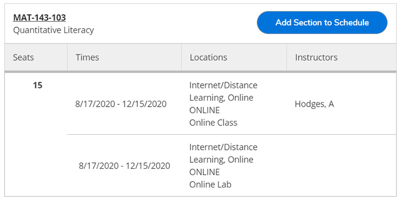 Image displays a table with 4 columns - seats, times, location, instructor. There are two rows which show dates but no meeting times or days.