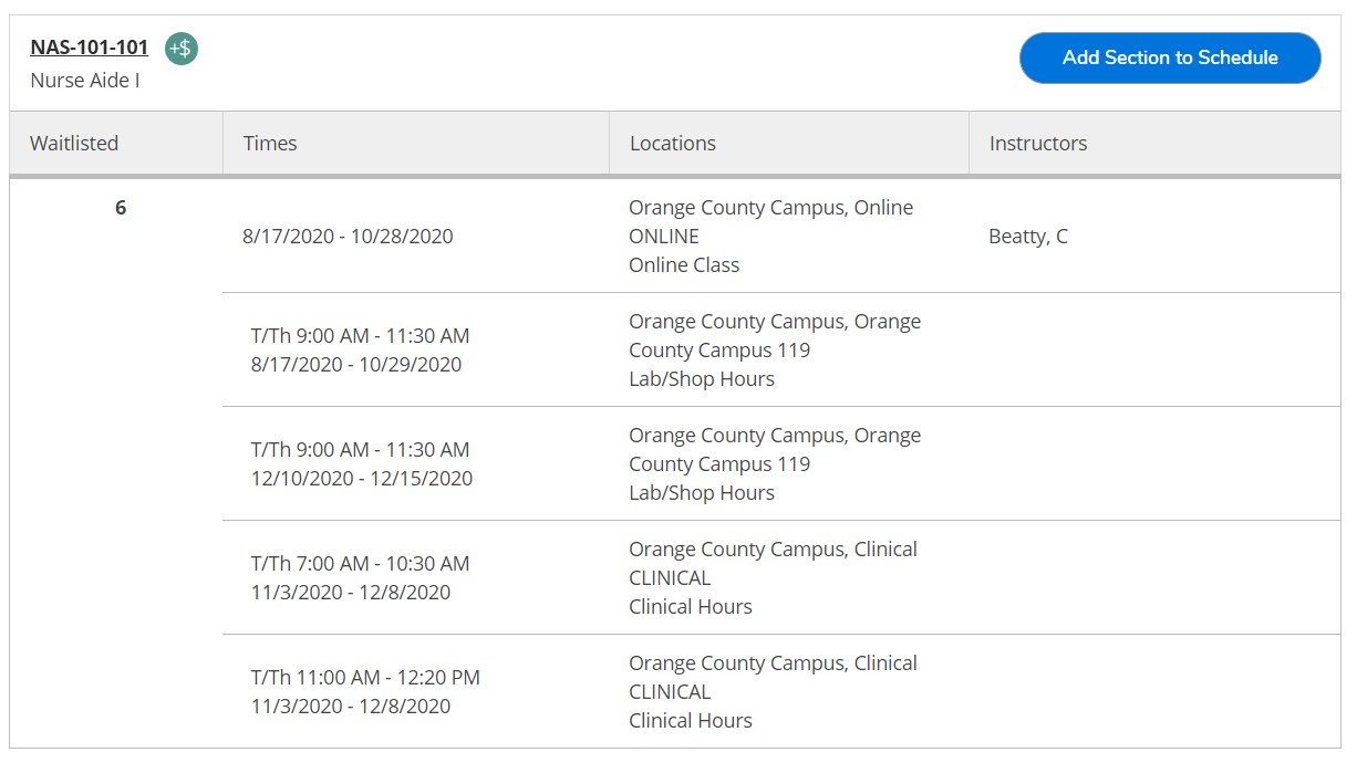 Image displays a table with 4 columns - seats, times, location, instructor. There are two rows which show an online meeting time and an in-class meeting time and location. See description below.