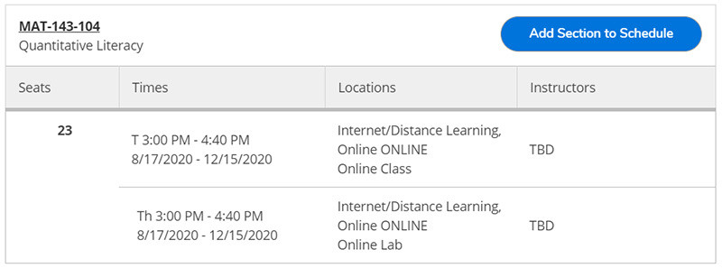 Image displays a table with 4 columns - seats, times, location, instructor. There are two rows which show two online meeting times and days.