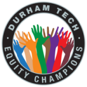Durham Tech Equity Champion round badge with multi-colored hands in the center