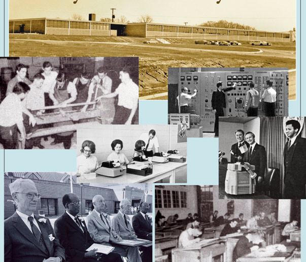 collage of historical images of the campus (one building) and students in classrooms in the 1960s