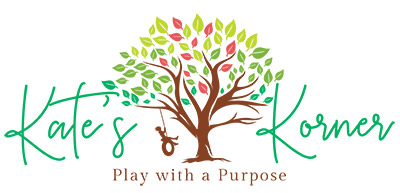 Kate's Korner logo of a child in a tire swing on a tree with the tagline play with a purpose.