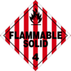 red and white vertically striped triangle sign with Flammable Solid text and the number 4