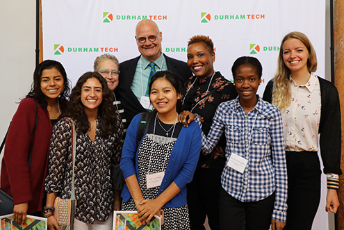 A group of scholarship recipients with a Durham Tech Foundation donor