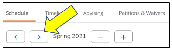 A screenshot image of the Schedule page. Click the forward arrow (>) to go forward to the desired semester, if necessary.