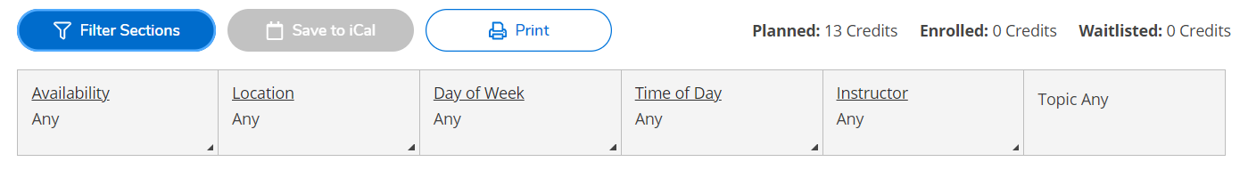 A screenshot of the filter section by availability, location, day of week, time of day, instructor, or topic.