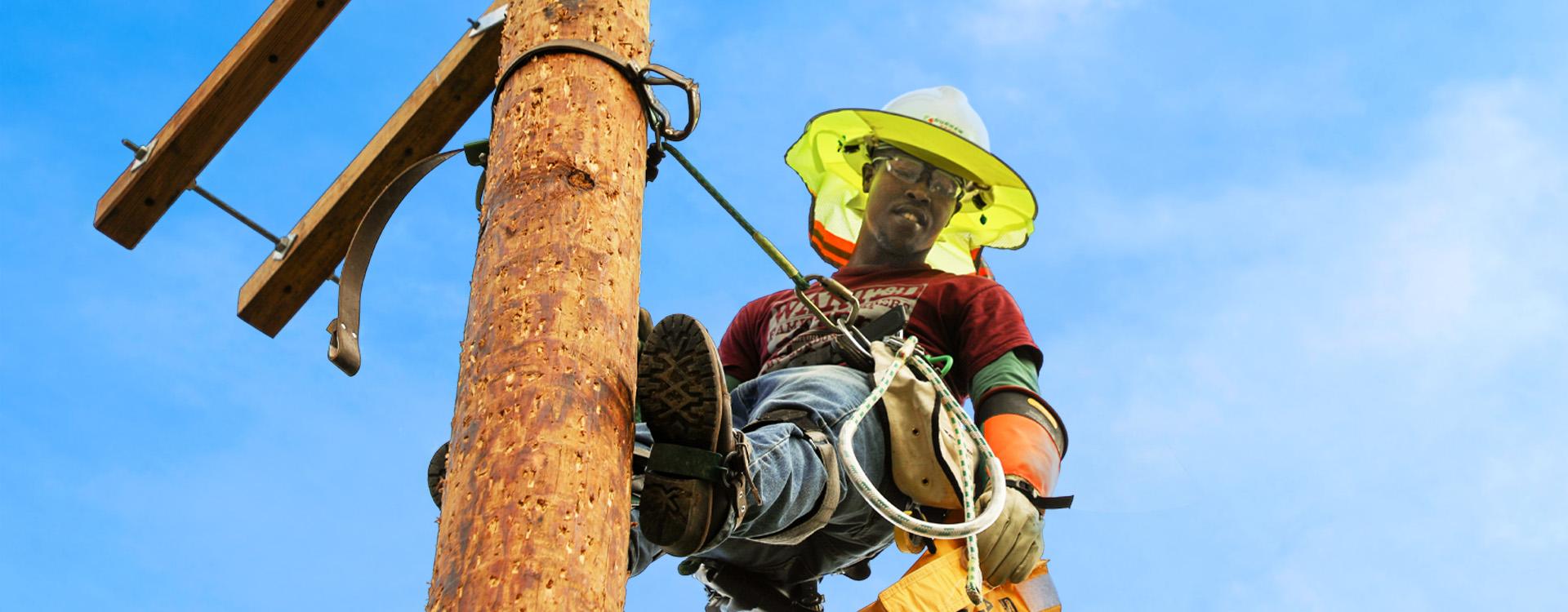 electric line program student in climbing gear at the top of an electric line pole