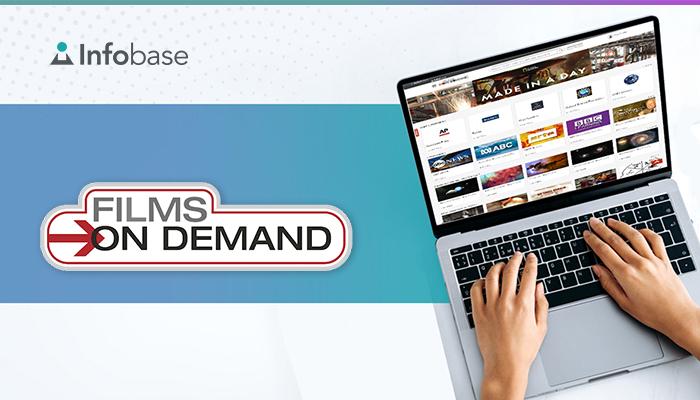 Promotional image for Films on Demand, shows the films on demand logo on the left with a hand operating a laptop that has films on demand on the screen on the right