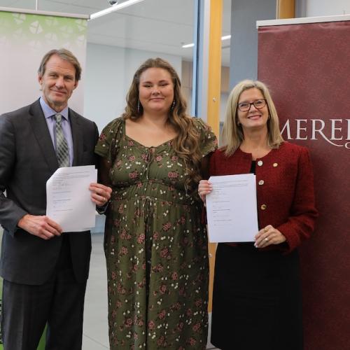 From left, Durham Tech President J.B. Buxton, Meredith student and Durham Tech graduate Camilla Egelund, and Meredith College President Aimee Sapp