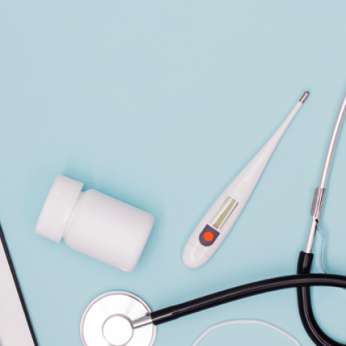 a graphic containing a clipboard, a stethoscope, a pill bottle, and a mouth thermometer