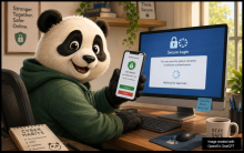 Illustration of a panda using a smartphone to approve a multifactor authentication (MFA) request while signing in on a desktop computer. Cybersecurity-themed posters and notes reinforce safe online practices.