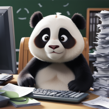 A cute teacher panda engaged in focused work on a computer, with papers scattered around and a thoughtful expression