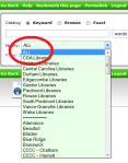 Screenshot of the library catalog with a circle around the "ALL" selection to search all community college libraries instead of just Durham Tech Libraries