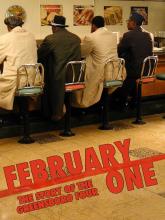 February One: The Story of the Greensboro Four film cover, showing the backs of 4 men sitting at the counter of a lunch counter