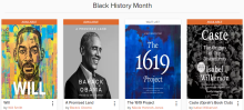 Black History Month books. Featuring Will, A Promised Land, The 1619 Project, and Caste.