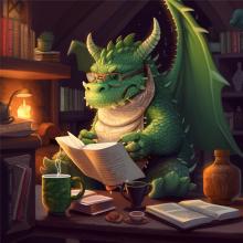 an AI-generated dragon wearing glasses, reading a book, and drinking a mug with steam coming from the top, sitting in a large cozy library