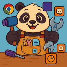 Image of a panda wearing overalls with many tools