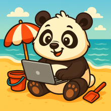 image of a cartoon panda on a beach with a laptop