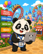 image of a panda with a laptop in a theme park