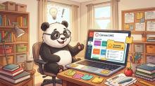 a panda sitting at a desk looking at a computer 