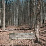 forest with park sign about fragile ecosystem and staying on the trail