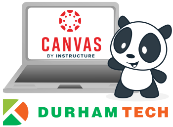 Canvas's Panda mascot stands with a laptop featuring the Canvas by Instructure logo. This image sits atop the Durham Tech logo.